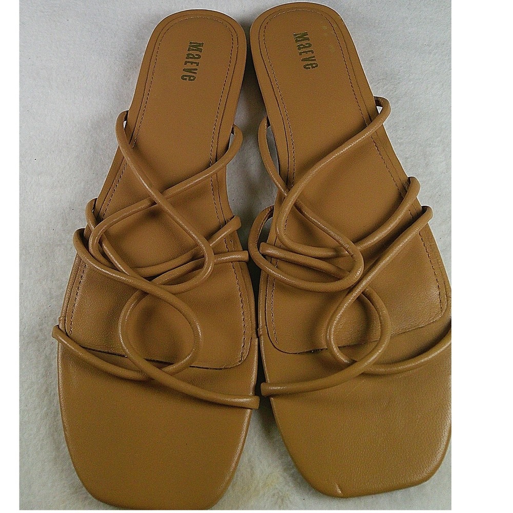 Maeve‎ Tan Leather Strappy Flat Sandals Square Toe Slides Womens 10M